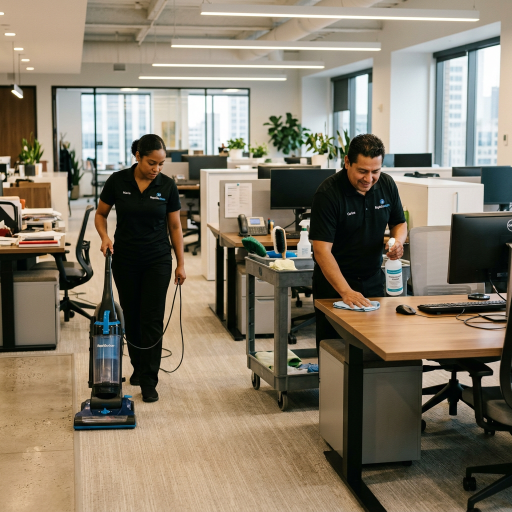 Two janitors cleaning an office floor and desk